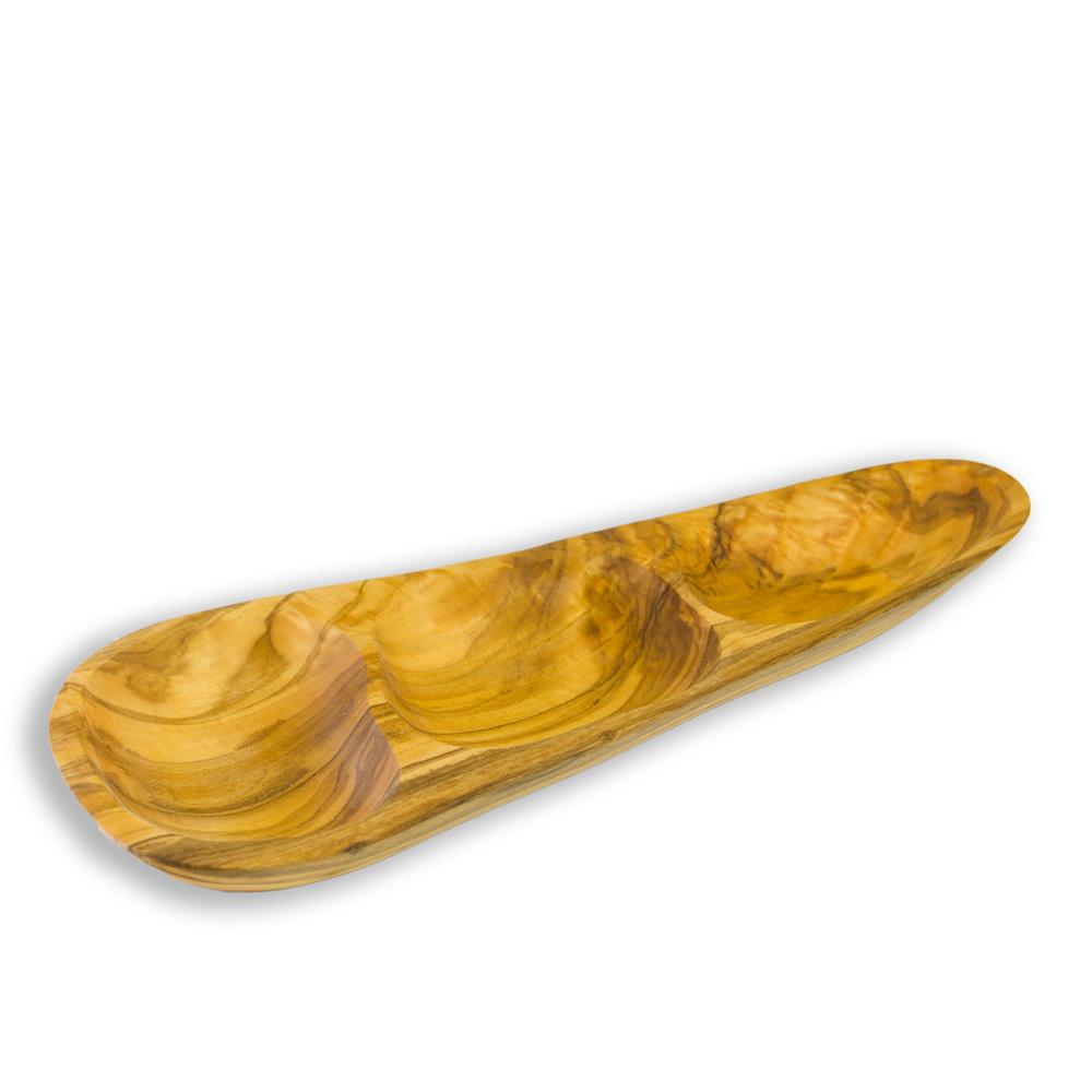 Plato aperitivo tres hoyos de madera de olivo artesanal (30 x 10 x 2.2 cm)